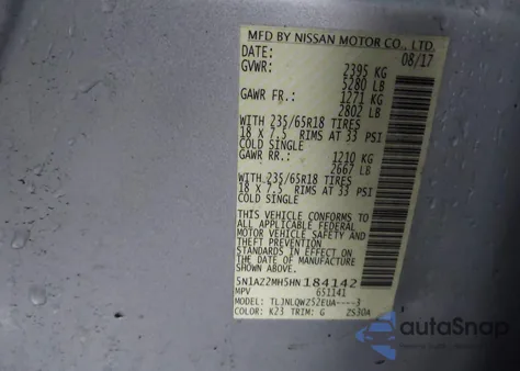 2017 Nissan Murano Sv z USA, uszkodzony, nr VIN 5N1AZ2MH5HN184142